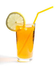 Yellow cocktail with lemon isolated on a white background.