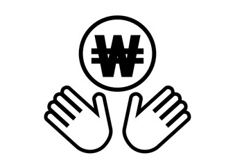 お金と両手のイラスト: ウォン（黒）