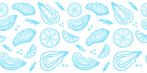 Oysters seamless pattern with lemons and herbs isolated on white pattern. Vector illustration