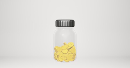 3D render. Transparent bottle for tablets with a black cap. Smooth closure of the lid. Yellow pills with a bevel.