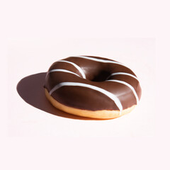  donut in dark chocolate glaze with white chocolate stripes, on a light background. High quality photo