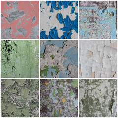 Set of peeling paint textures. Old concrete walls with cracked flaking paint. Weathered rough painted surfaces with patterns of cracks and peeling. Collection of grunge backgrounds for design.