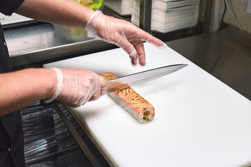 Process of making sushi on white background