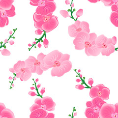 Seamless floral pattern with pink orchid on white background. Exotic tropical flowers. Vector design illustration for fashion, fabric, textile, decoration.