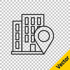Black line Map pointer with house icon isolated on transparent background. Home location marker symbol. Vector Illustration.