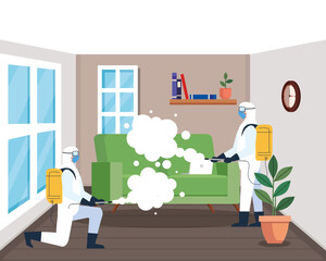 home disinfection by commercial disinfecting service, disinfection workers group with protective suit and spray prevent covid 19 vector illustration design