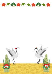 鶴と門松の正月イラストフレーム、A4サイズ縦位置ポスター対応
