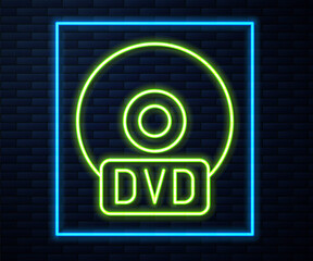 Glowing neon line CD or DVD disk icon isolated on brick wall background. Compact disc sign. Vector Illustration.