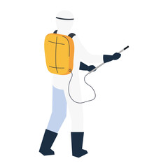 person in protective suit or clothing, spray to cleaning and disinfect virus, covid 19 disease on white background vector illustration design