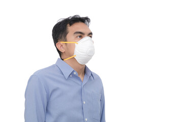 Portrait of Asian young man wearing a mask N95 on white background