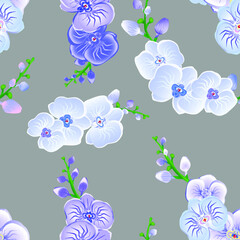Seamless floral pattern with blue and white orchid on gray background. Exotic tropical flowers. Vector design illustration for fashion, fabric, textile, decoration.