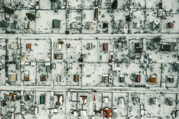 Top view of country houses in winter