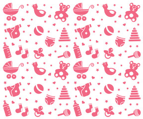 Seamless pink baby background with pram, baby toys, nipples, milk bottle and baby clothes