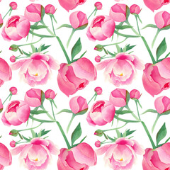 Seamless watercolor pattern on white background with peonies for wedding invitation design, fabric and decor