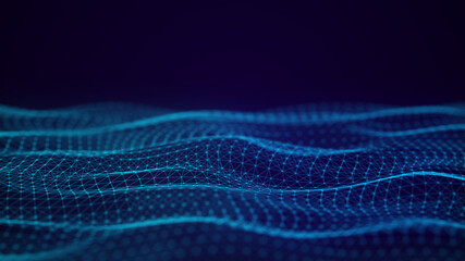 Digital blue wave background of particles. Abstract futuristic dynamic background. Big data visualization. 3D rendering.