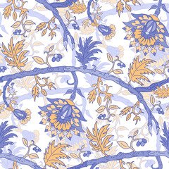 Seamless tropical floral pattern with indian motif. Stylized flowers and branches waves or arches colored blue and orange