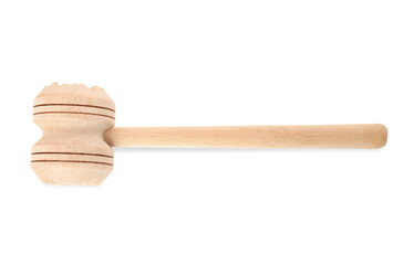 Wooden meat tenderizer mallet isolated on white, top view. Cooking utensil