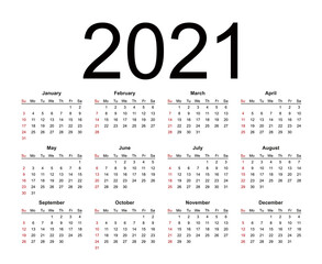Calendar 2021 year simple style. Week starts from Sunday. Isolated vector illustration on white background.