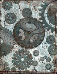 grunge background with clock and gear