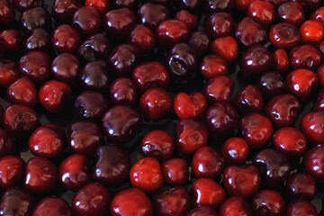 Close-up of wet ripe sweet cherry on a black background