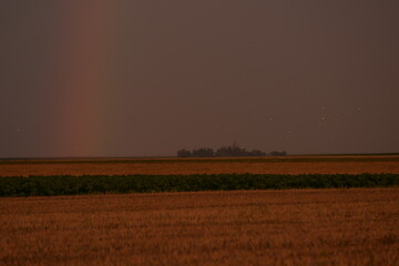 rainbow on wheat field during a summer storm at sunset