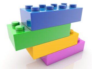 Four toy bricks are stacked on top of each other in different colors