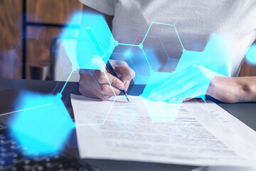 Multi exposure of woman signing a contract and high tech project background. Technology hologram....