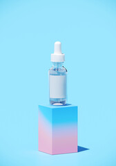 Minimal abstract mockup background for product presentation. Cosmetic bottle with blending vibrant gradient podium on blue background. Clipping path of each element included. 3d render illustration.