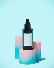 Minimal abstract mockup background for product presentation. Cosmetic bottle with blending vibrant gradient podium on blue background. Clipping path of each element included. 3d render illustration.