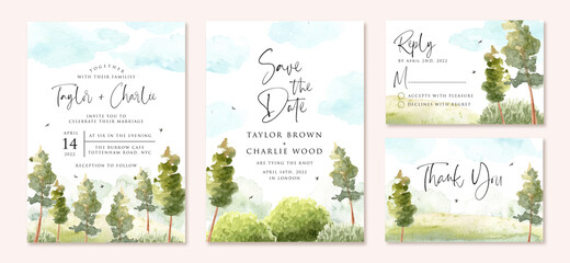 wedding invitation set with green landscape and blue sky watercolor