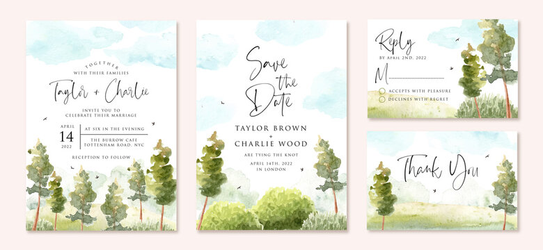 wedding invitation set with green landscape and blue sky watercolor