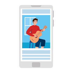 young man playing guitar sitting a chair in smartphone app, on white background vector illustration design