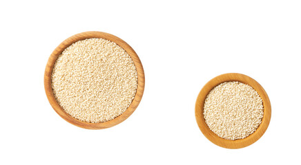 organic white sesame seeds in a wooden bowl  isolated on a white background, top view.