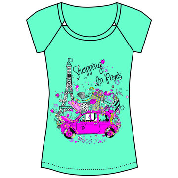 shopping in paris car lady t-shirt designed for textile vector illustration pattern work.eps