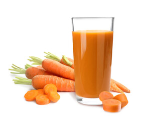 Carrots and glass of fresh juice on white background