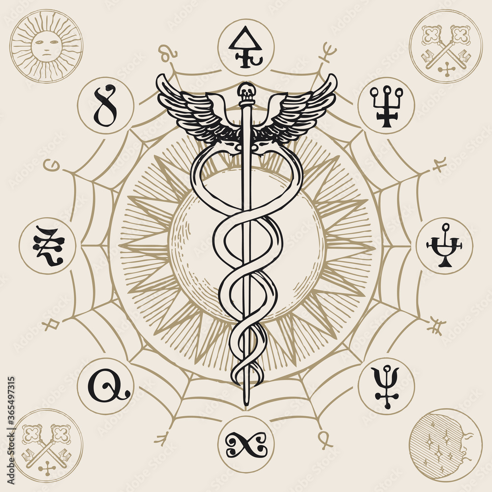 Wall mural caduceus with two snakes and wings. vector banner with hand-drawn staff of hermes, sun, web, esoteri