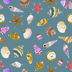 Seamless vector color pattern with shells. Hand drawn мarine background. Suitable for greetings, invitations, wrapping paper, textile.