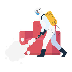 Fototapeta na wymiar person in protective suit or clothing, spray to cleaning and disinfect virus in couch, covid 19 disease on white background vector illustration design
