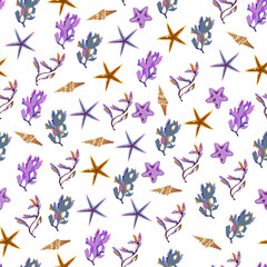 Seamless vector color pattern with shells. Hand drawn мarine background. Suitable for greetings, invitations, wrapping paper, textile.