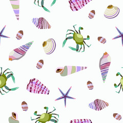 Seamless vector color pattern with shells. Hand drawn мarine background. Suitable for greetings, invitations, wrapping paper, textile.