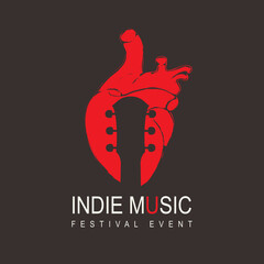 Poster for an indie music festival with a guitar neck inside a red human heart on the black background. Creative vector illustration, suitable for banner, cover, flyer, invitation. Music collection