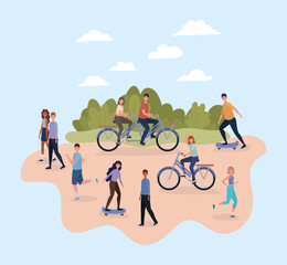 people with bikes and skateboards at park design, Outdoor activity and season theme Vector illustration