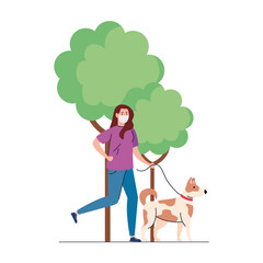 woman wearing medical mask, walking with pet dog on the leash in outdoor vector illustration design