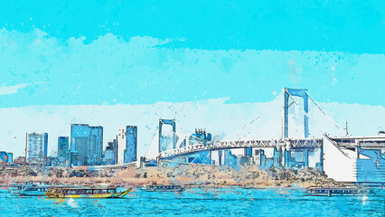 Watercolor drawing picture landscape view of rainbow bridge from Daiba beach famous landmark at Japan. - obrazy, fototapety, plakaty