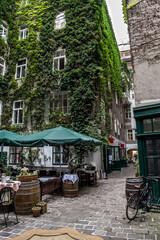 Fototapeta na wymiar Picturesque Restaurant In The Backyard Of An Old House In The Inner City Of Vienna In Austria