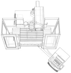 CNC Lathe machine illustration vector. Wire-frame line isolated. Vector rendering of 3d.