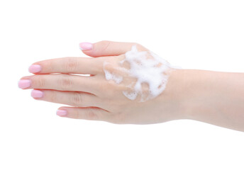 Hand with panthenol foam on white background isolation