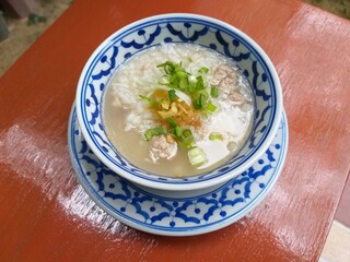 rice soup on wooden table
