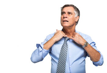 Senior manager suffering hot climate isolated on white