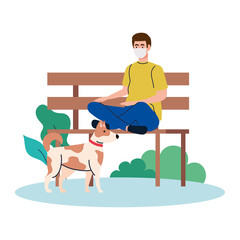 man wearing protective medical mask against covid 19 sitting in park chair with dog pet vector illustration design